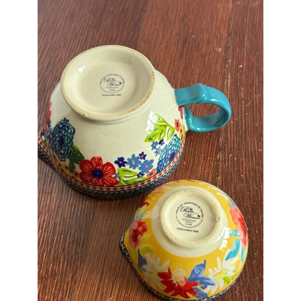 Pioneer Woman Floral Stoneware Measuring Cup Set 1 & 1/3 Cup Handled Teal Yellow